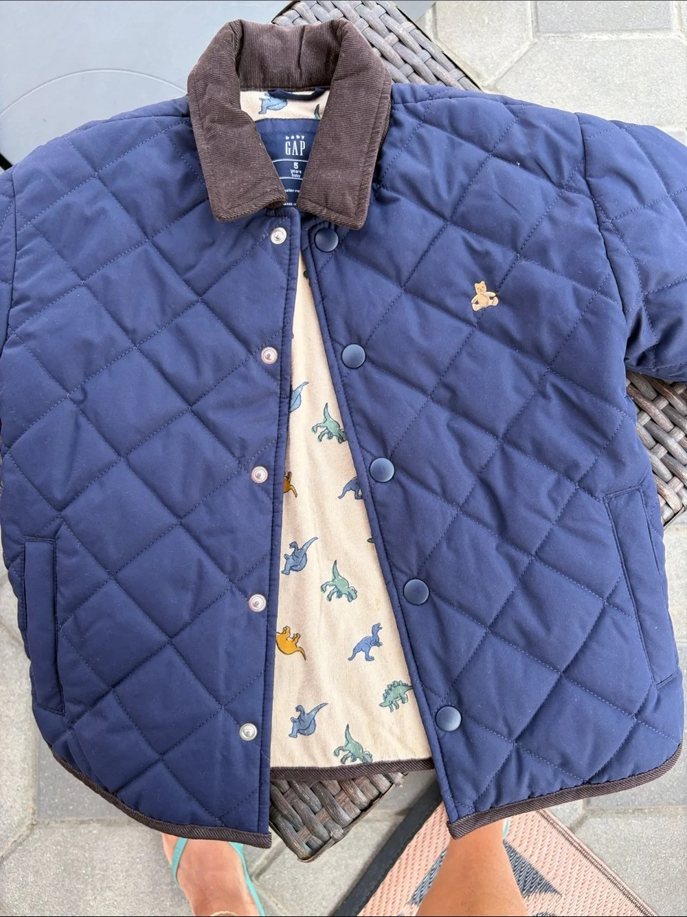 GAP Navy Quilted Puffer Jacket with Brown Corduroy Collar